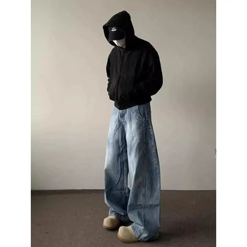 Riolio High street American men and women trendy hip-hop washed curved knife jeans for couples loose retro wide leg casual pants y2k